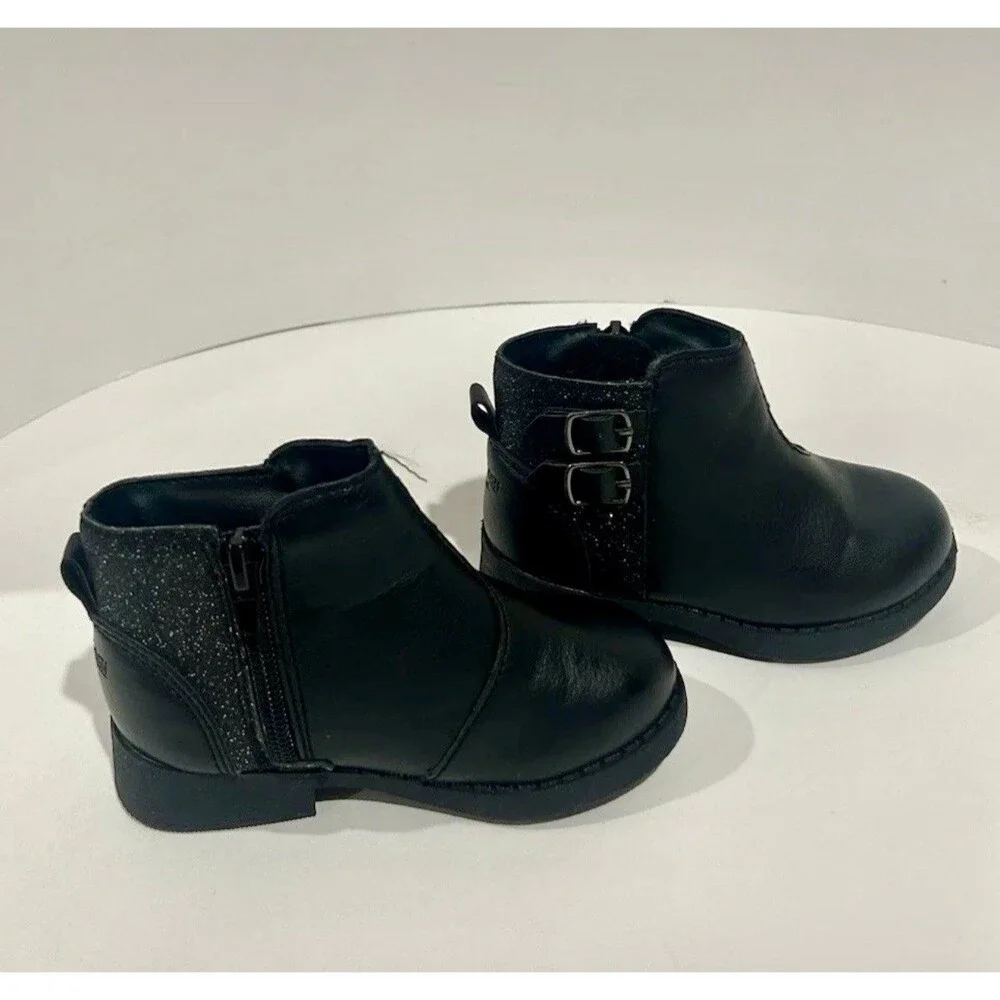OshKosh B’gosh Toddler Girls Black Ankle Boots Size 6 Glitter Buckle Zip